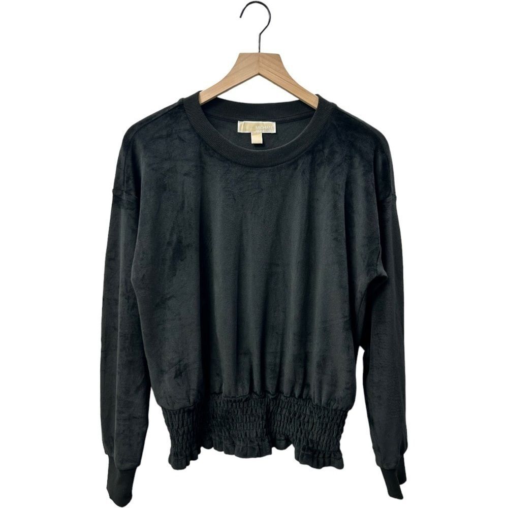 Michael Kors Size M Velour Soft Cinched Waste Black Long Sleeve Sweater Blouse